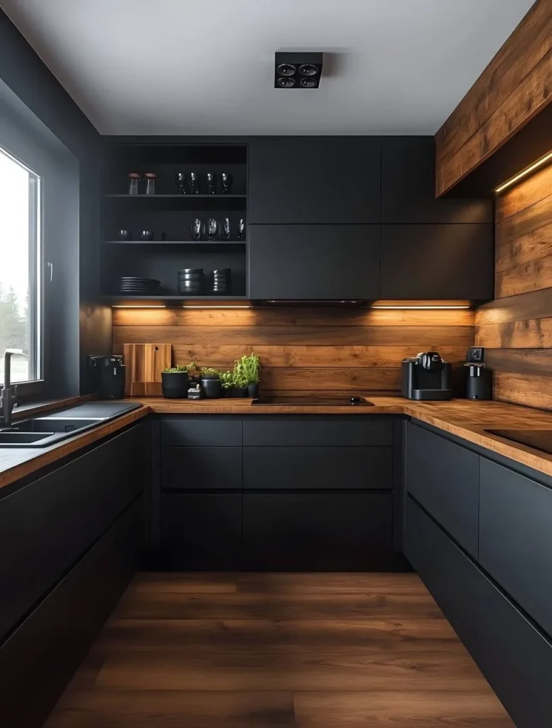 Black kitchen cabinets with wood accents and flooring.