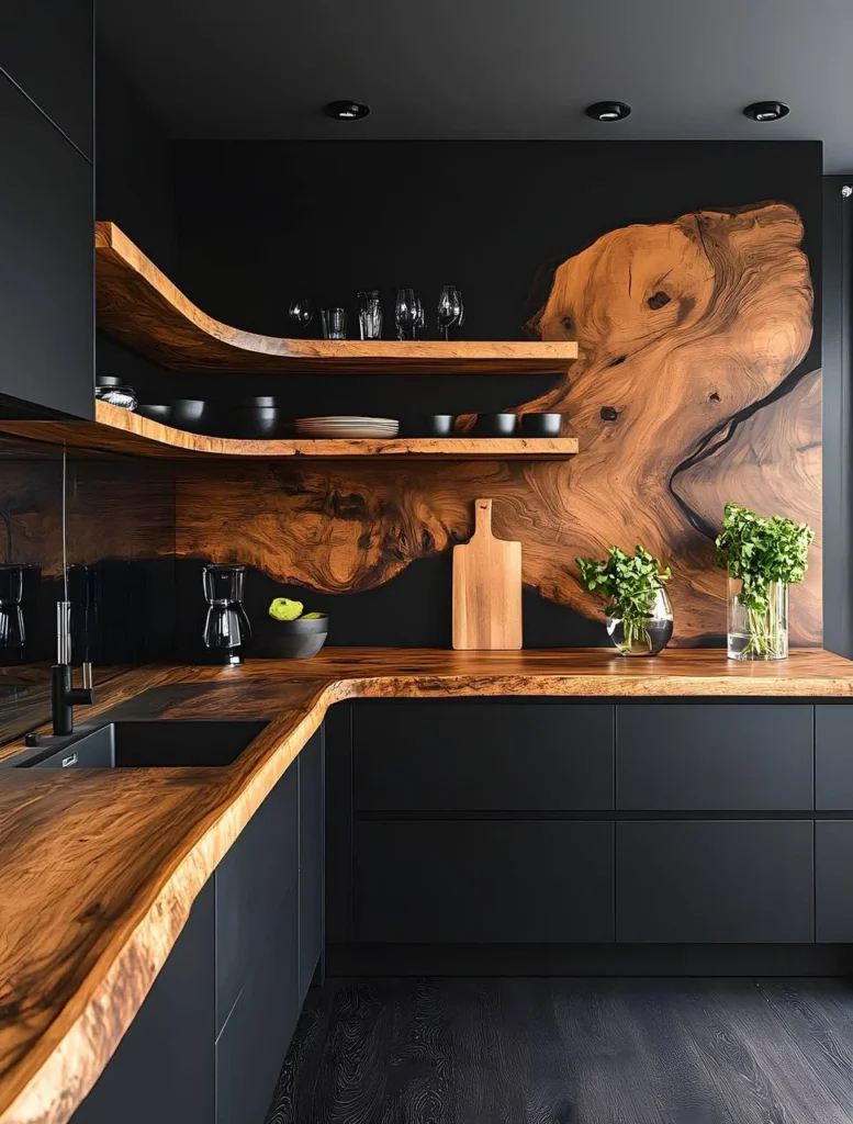 Black kitchen with live-edge wood countertop and shelves.