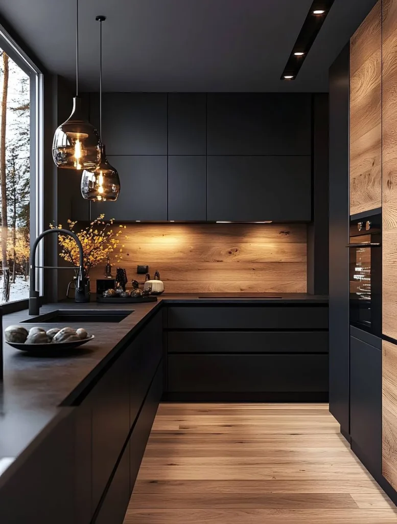 Modern black kitchen with pendant lighting and wood accents.