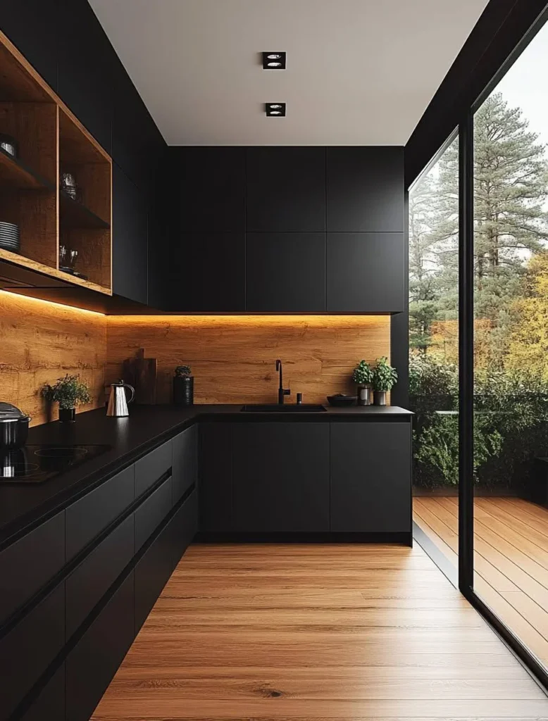 Black kitchen with large windows and natural light.