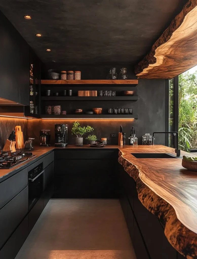 Luxury black kitchen with a large live-edge wood countertop.