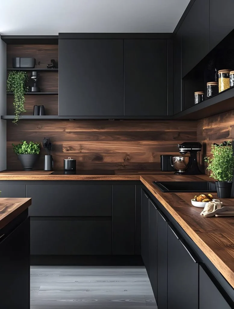 Black kitchen with wood countertops and green plants.