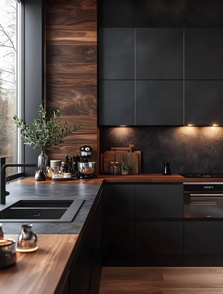 Black kitchen with textured backsplash and wood paneling.