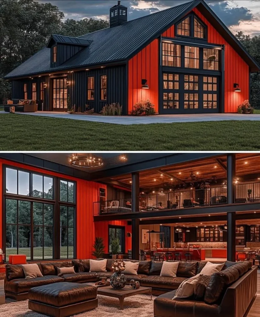 Modern Barndominium Exterior with red and black siding.