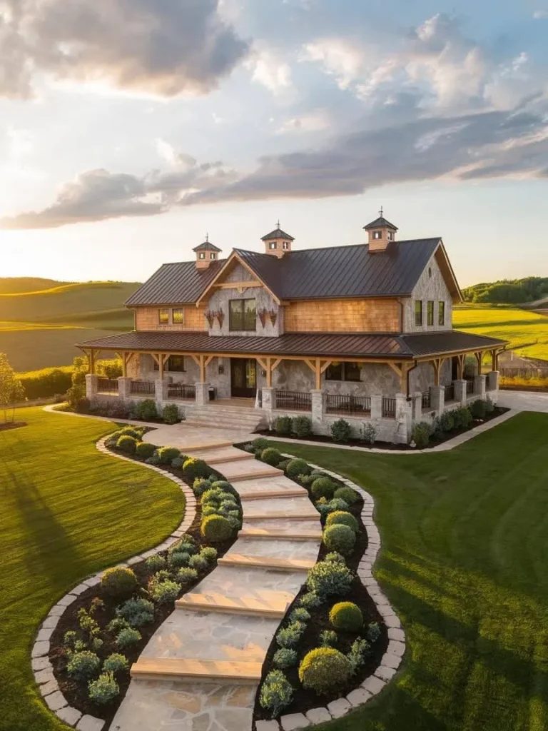 Modern Barndominium Exterior with stone and wood siding and a winding walkway.