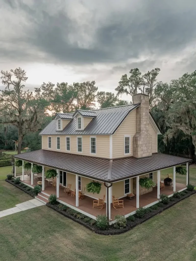 Modern Barndominium Exterior with yellow siding, a wrap-around porch, and a stone chimney.