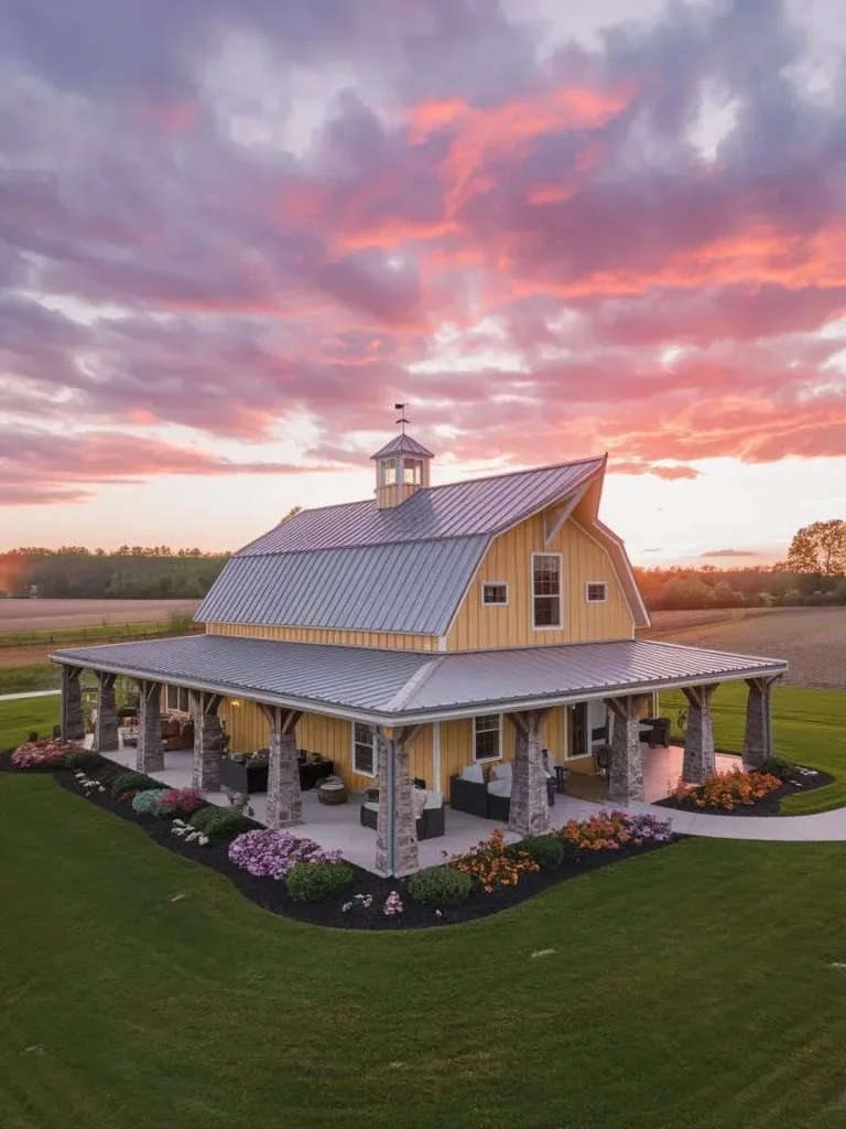 Modern Barndominium Exterior with yellow siding and a wrap-around porch at sunset.