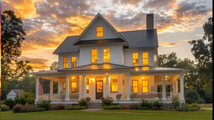 Modern Barndominium Exterior with white siding and a wrap-around porch at sunset.