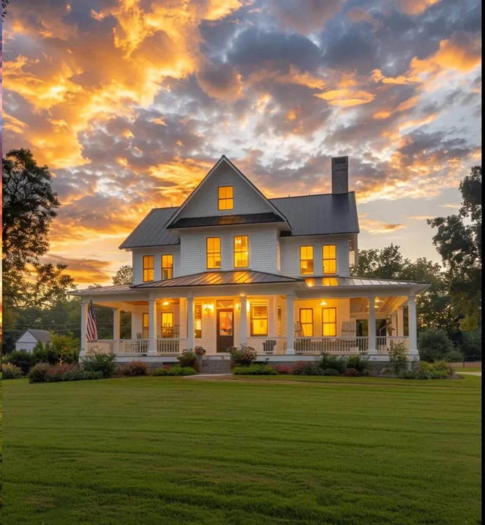 Modern Barndominium Exterior with white siding and a wrap-around porch at sunset.