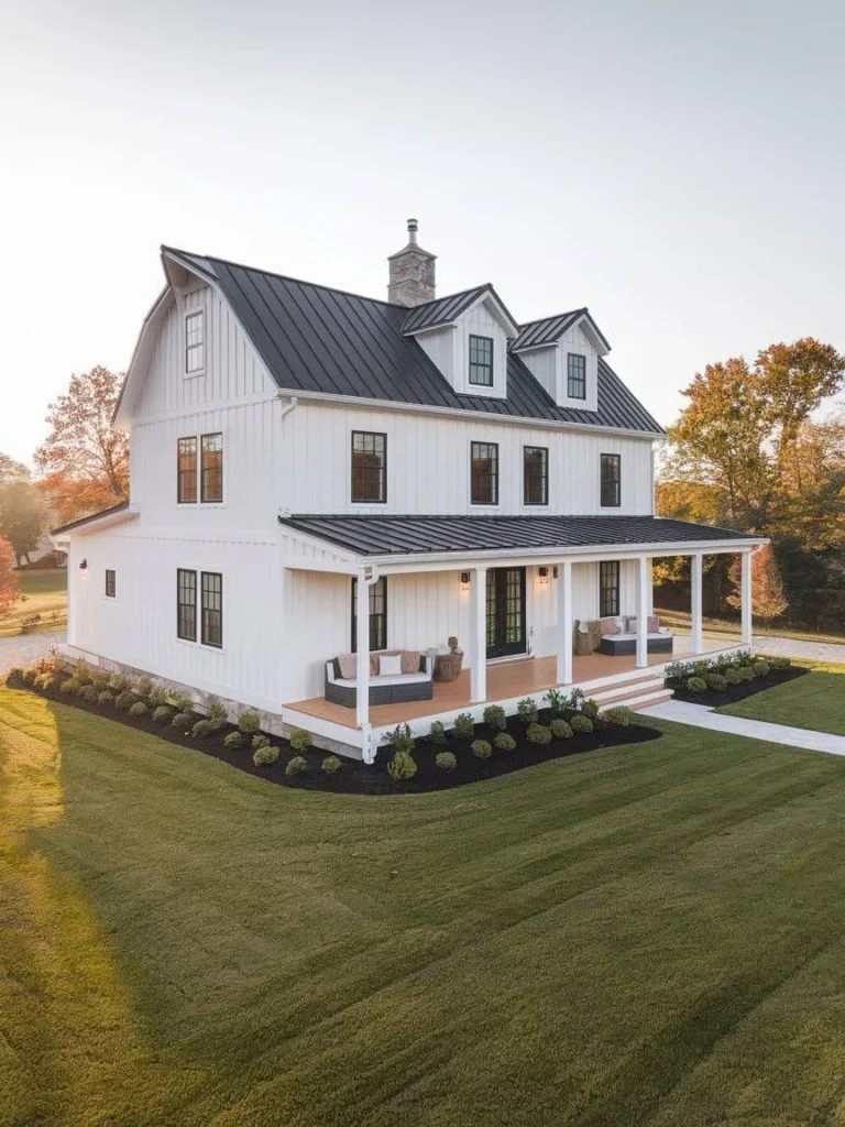 White Modern Barndominium Exterior with a black metal roof and dormer windows.