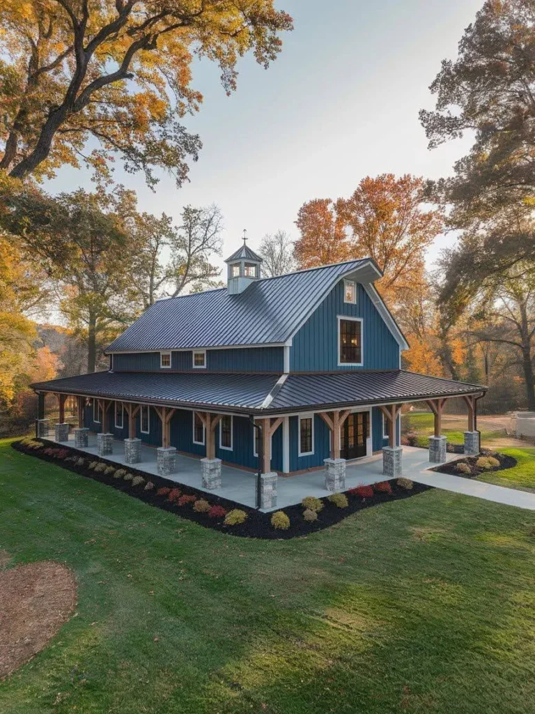 Modern Barndominium Exterior with blue siding, a gambrel roof, and a wrap-around porch.