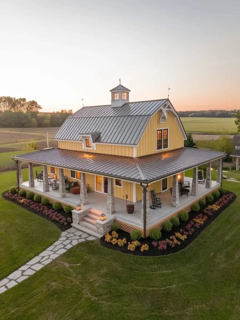 Modern Barndominium Exterior with a yellow exterior and a large wrap-around porch.