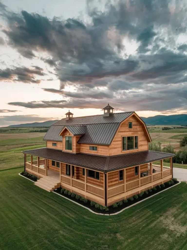 Modern Barndominium Exterior with natural wood siding and a wrap-around porch.