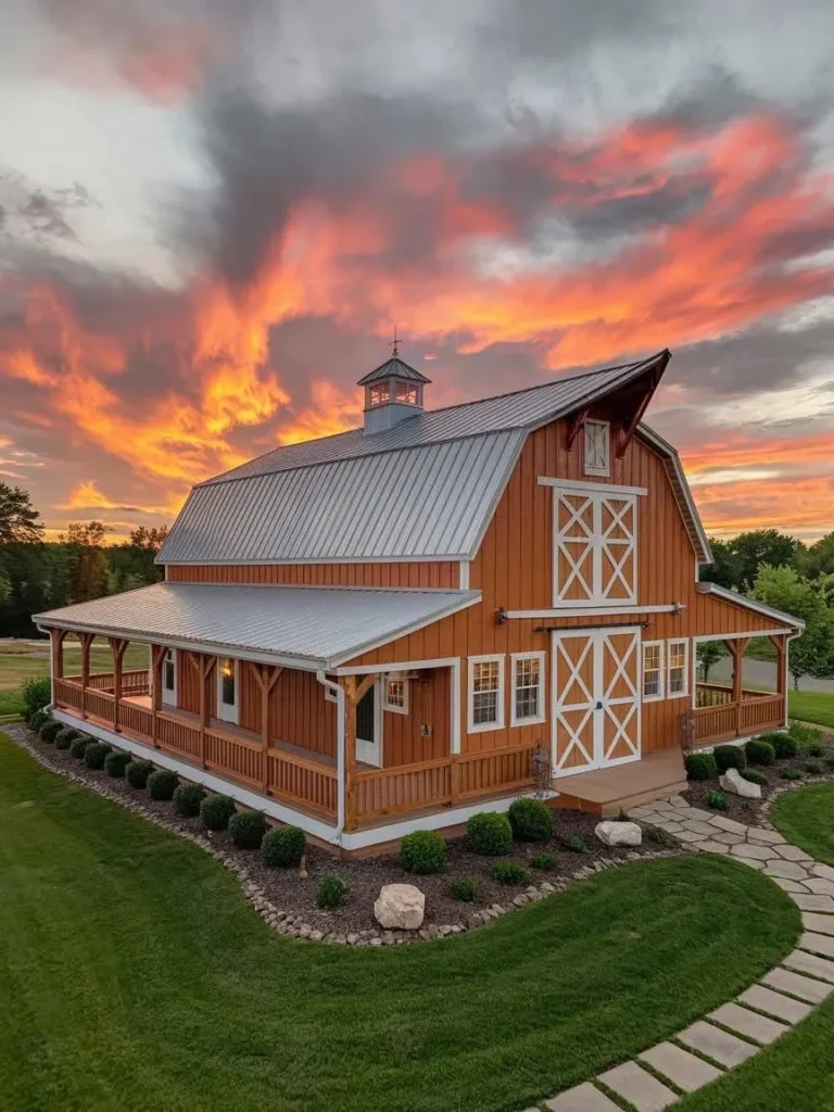 Modern Barndominium Exterior with a gambrel roof and wood siding.