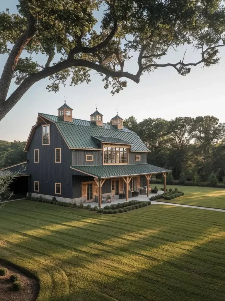 Modern Barndominium Exterior with dark siding, a green metal roof, and cupolas.