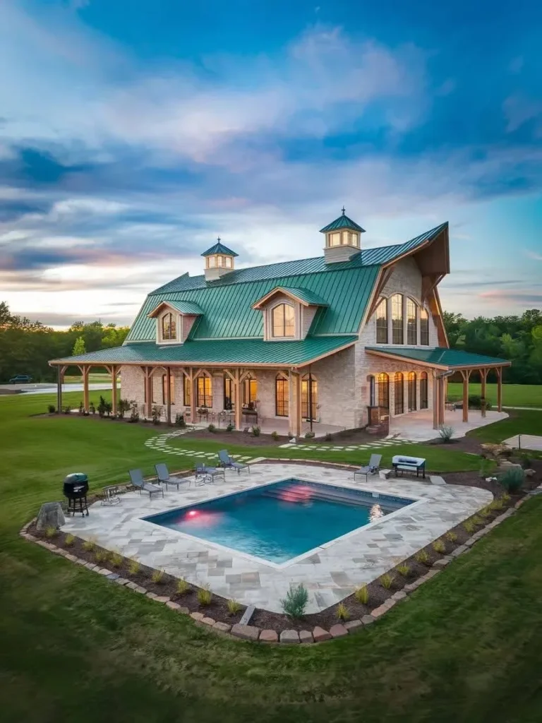 Modern Barndominium Exterior with a green metal roof, stone accents, and a pool.