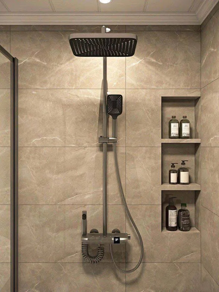 Modern bathroom with warm gray horizontal wall tiles and built-in shelves.