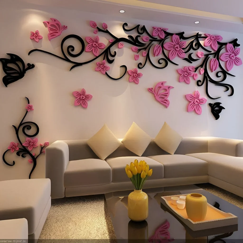 Bedroom wall with 3D pink and black floral wall decor.