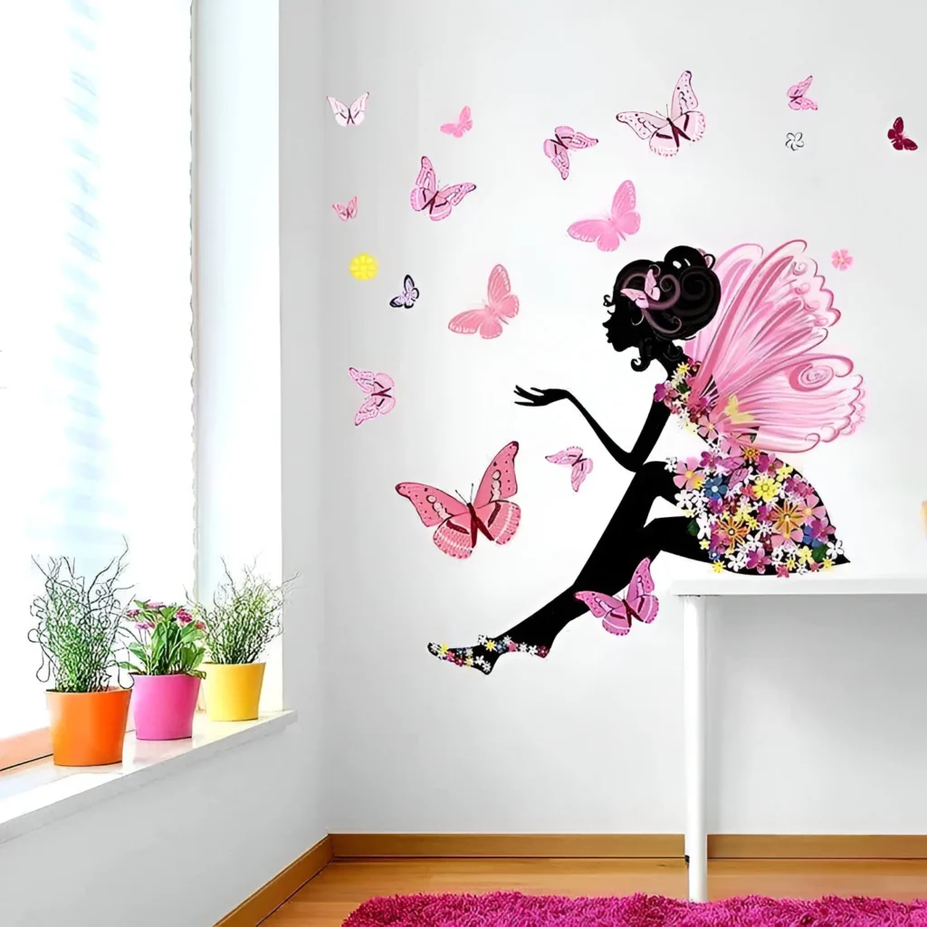 Bedroom wall with a fairy and butterfly wall decal.