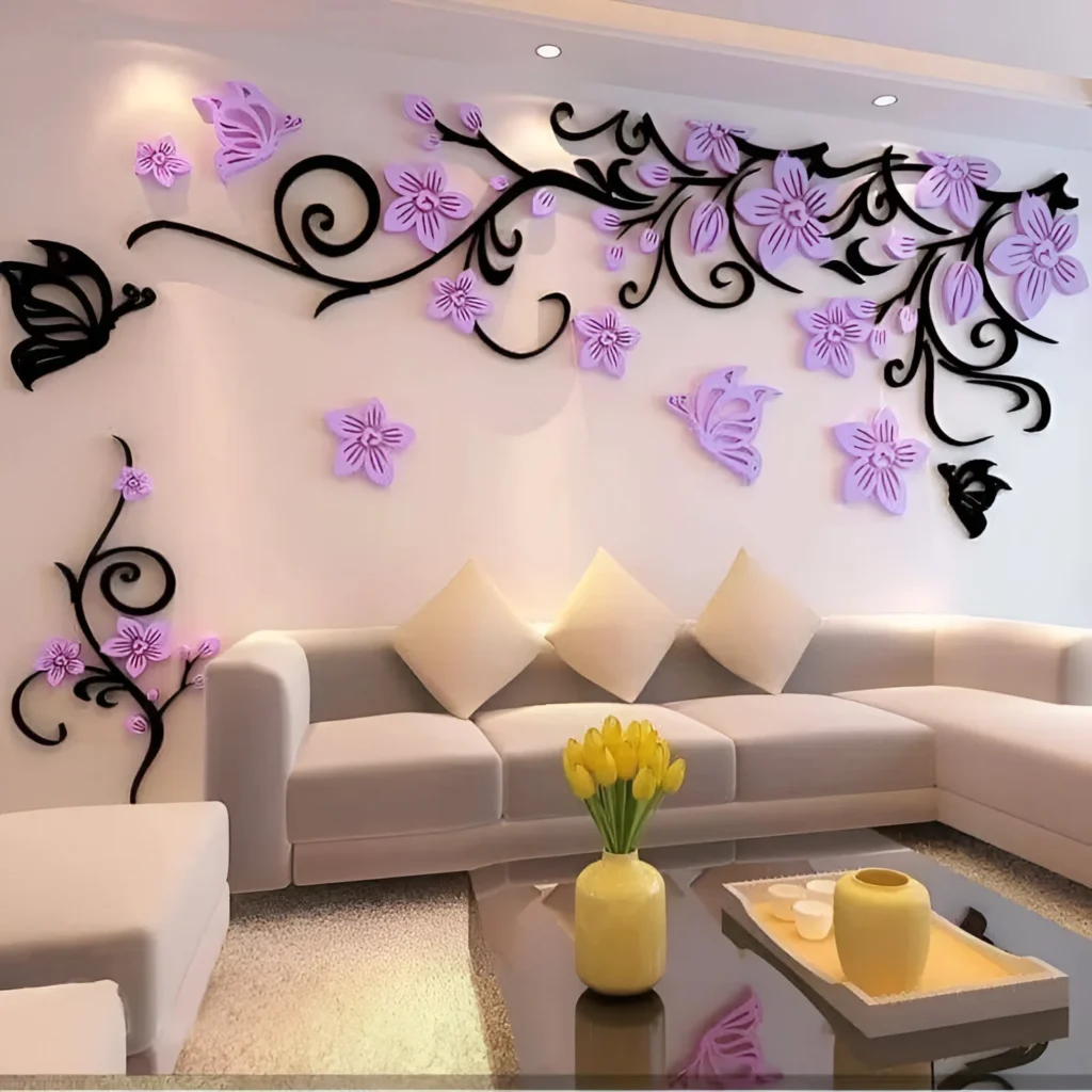 Bedroom wall with 3D purple and black floral and butterfly wall decor.