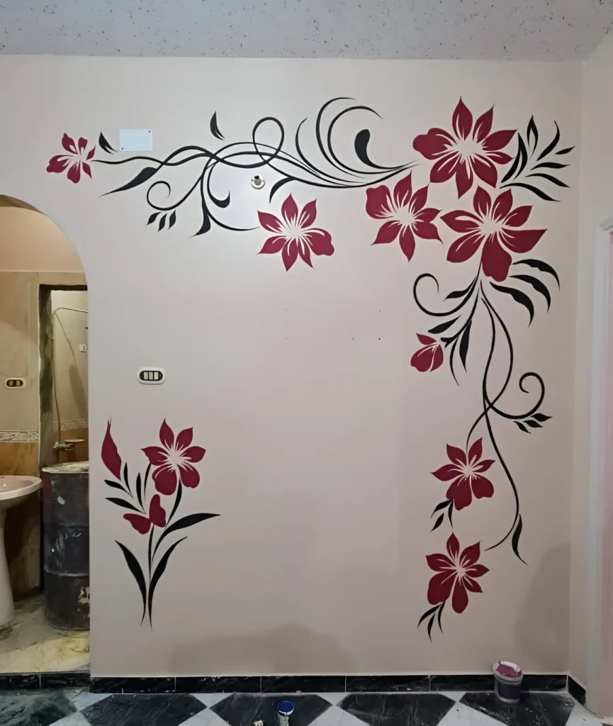 Bedroom wall with red and black floral wall decals - wall decor ideas