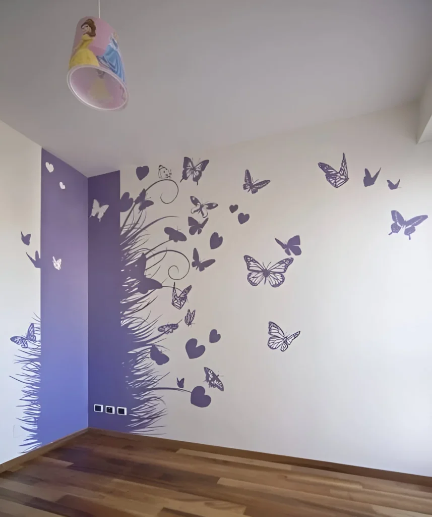 Bedroom wall decorated with purple butterfly and floral wall decals.