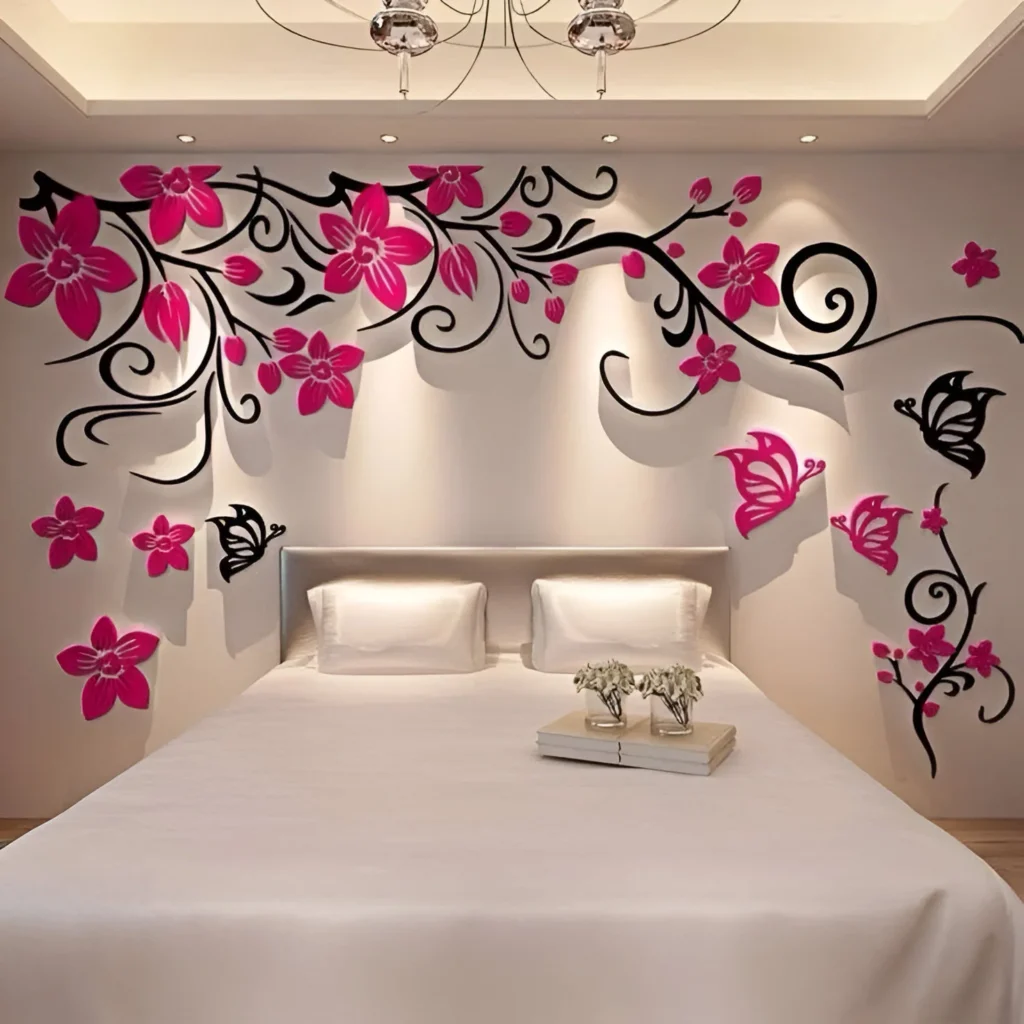 Bedroom wall with a large pink and black floral and butterfly wall decal above the bed.