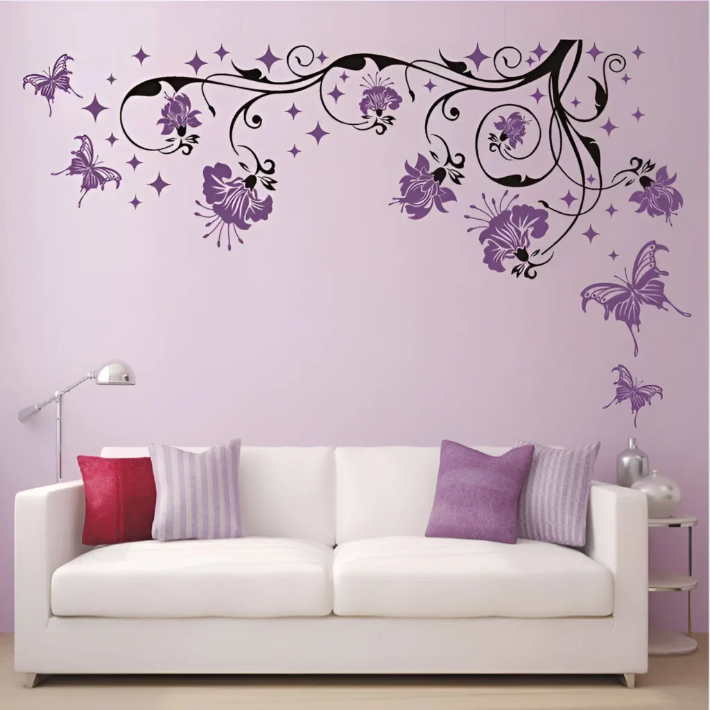 Wall Mural - Purple Butterfly and floral decor with a white sofa.