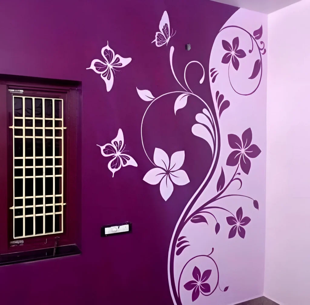 Purple wall with white flowers and butterflies wall decor.