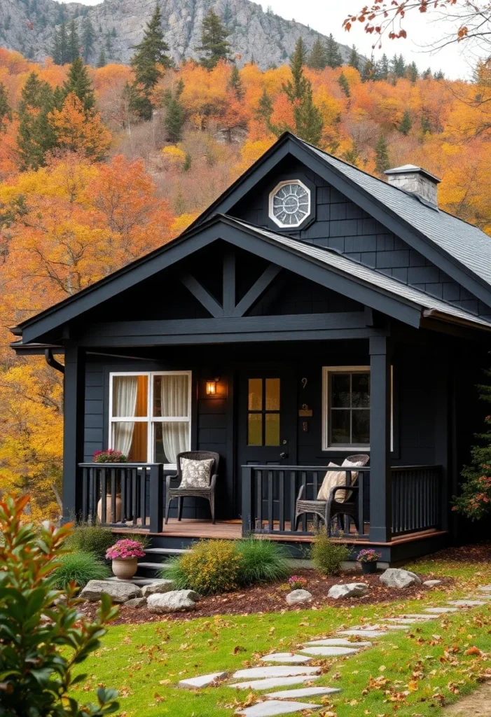 Black barndominium illuminated at sunset with porch lights