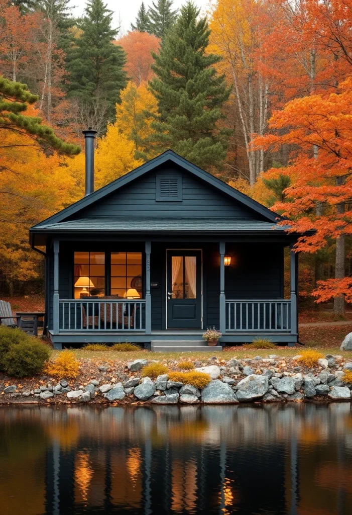 Small black barndominium with white trim and porch