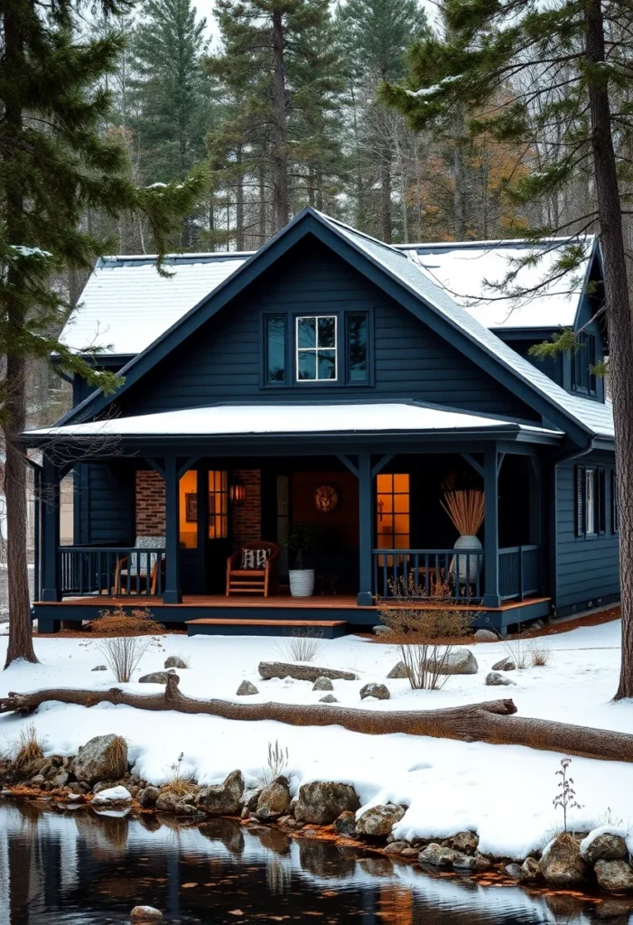 Black barndominium in a snowy landscape with lake view