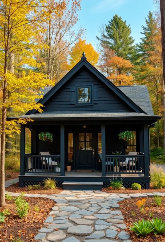 Black farmhouse barndominium with covered porch in winter