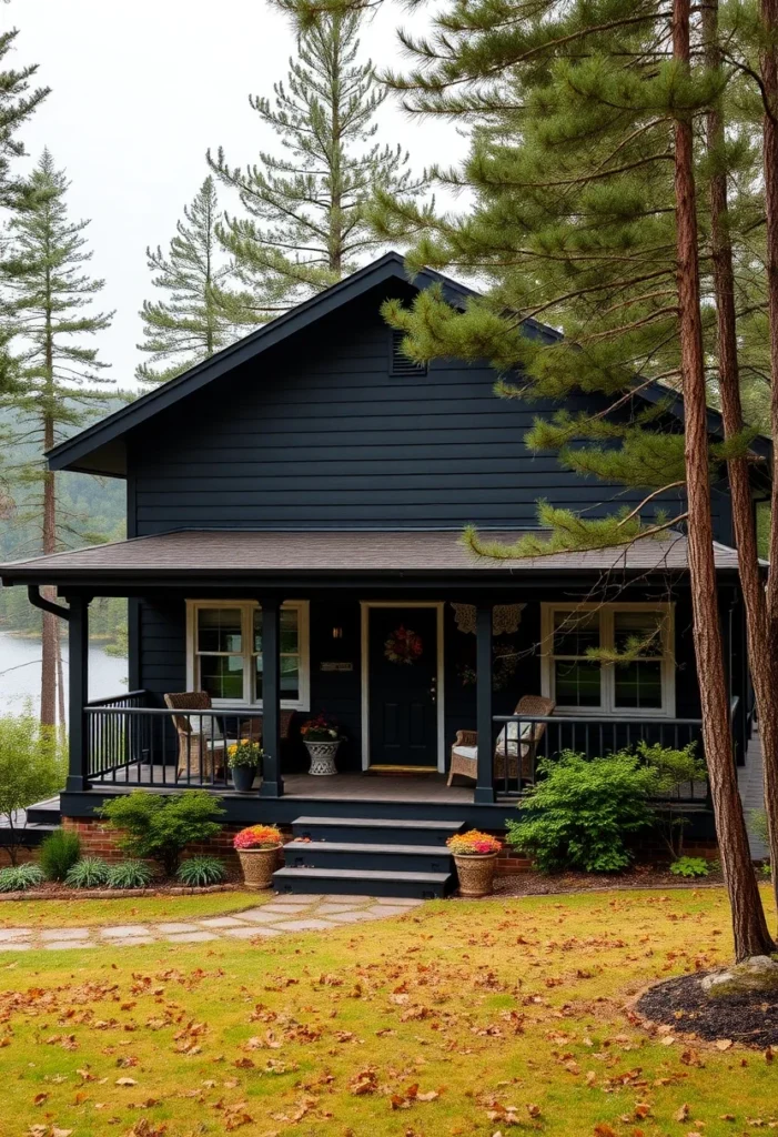 Small black cabin-style barndominium with stone path