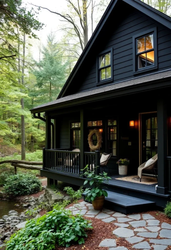 Black barndominium with covered porch and lake view