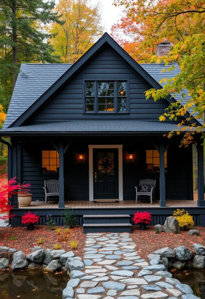 Black barndominium with fall foliage and stone pathway