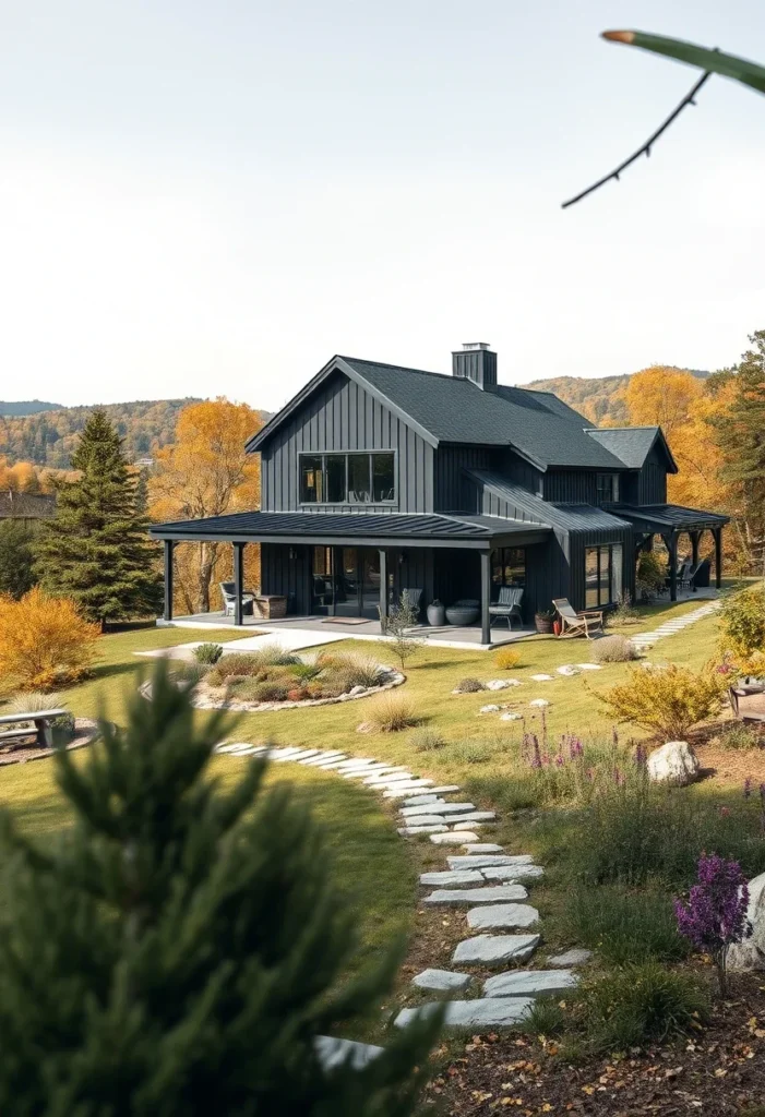 Jaw-dropping black barndominium designs amidst fall foliage