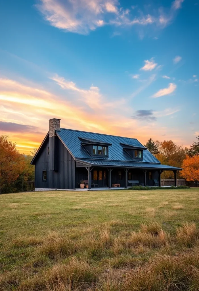 Black barndominium with wrap-around porch and stone path