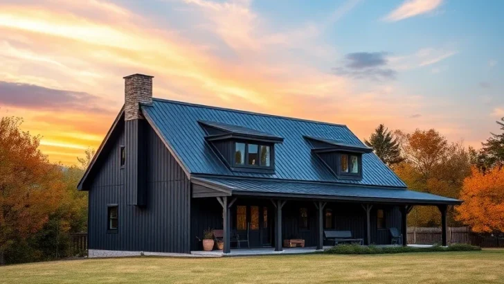 Black barndominium with wrap-around porch and stone path