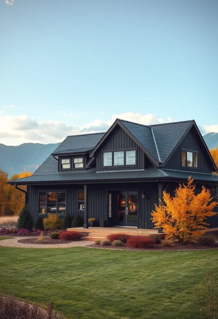 Black barndominium with dormer windows at sunset