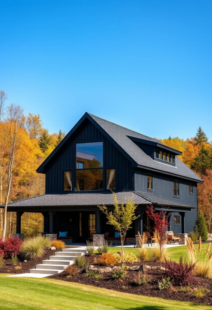 Black modern farmhouse barndominium with symmetrical design