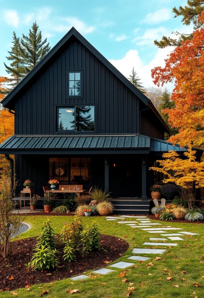 Black barndominium with large picture window and wrap-around porch