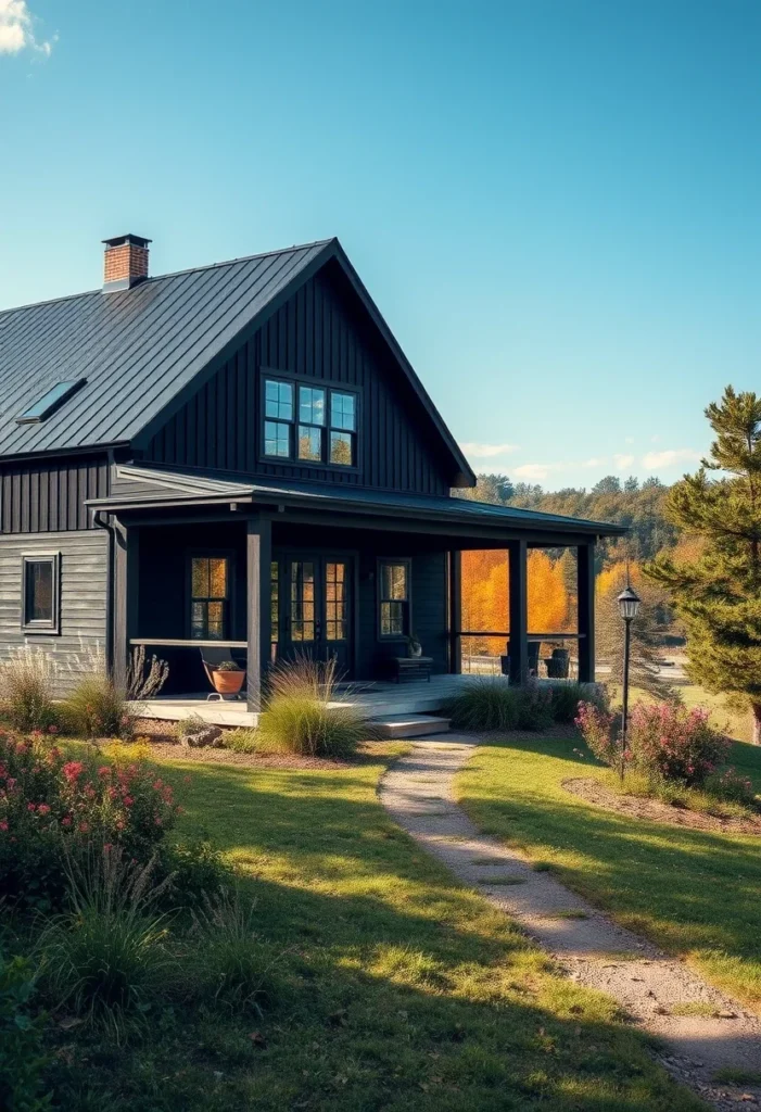 Black barndominium with cozy porch and stone walkway