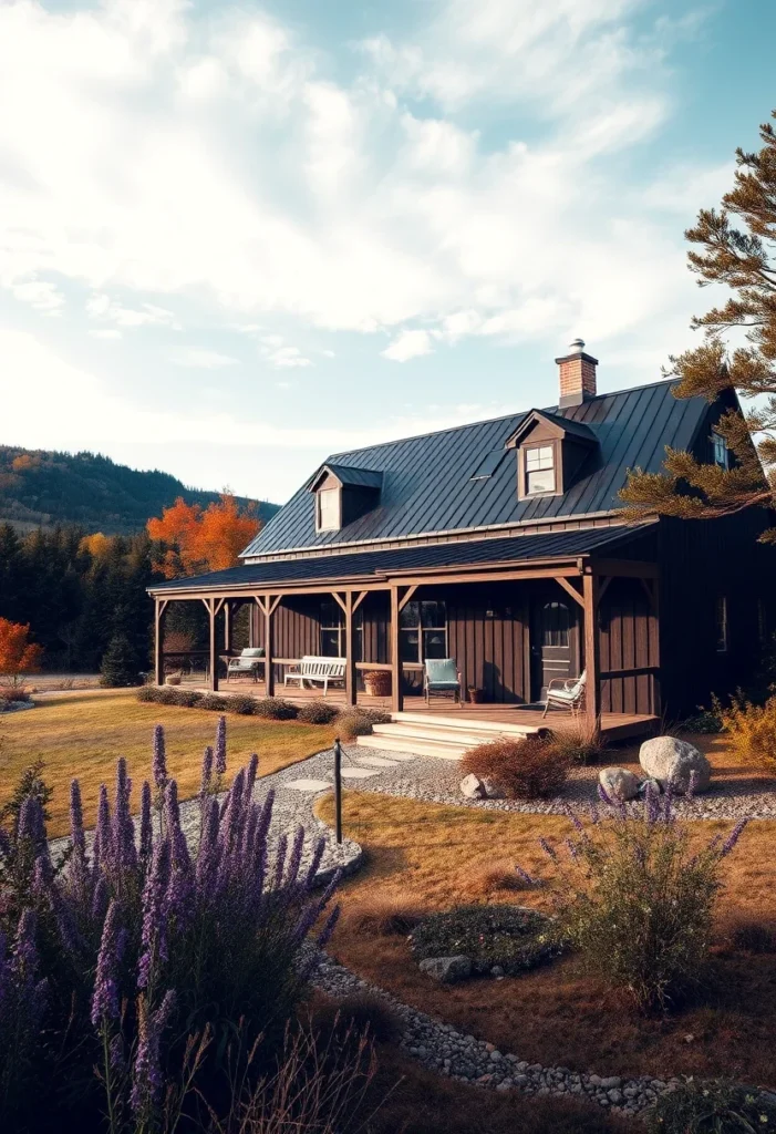 Black barndominium with wrap-around porch and vaulted great room