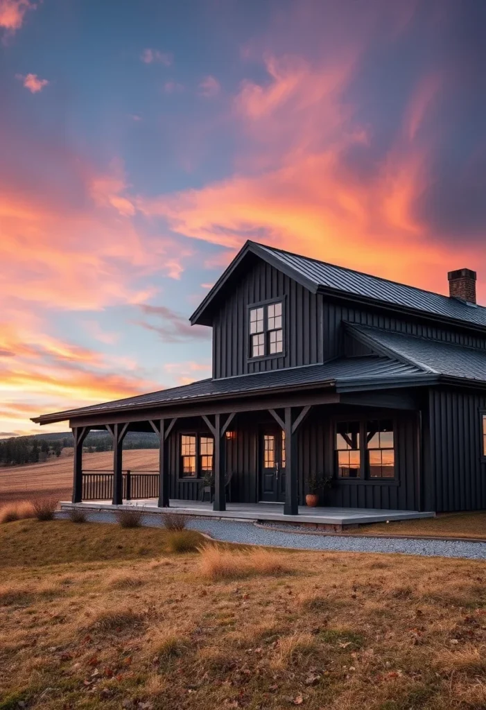 Black barndominium with wood accents and metal roof