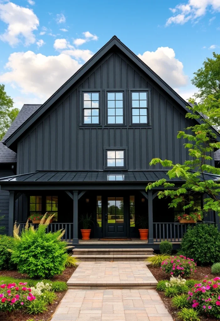 Modern black farmhouse exterior with board-and-batten siding and stylish front porch.