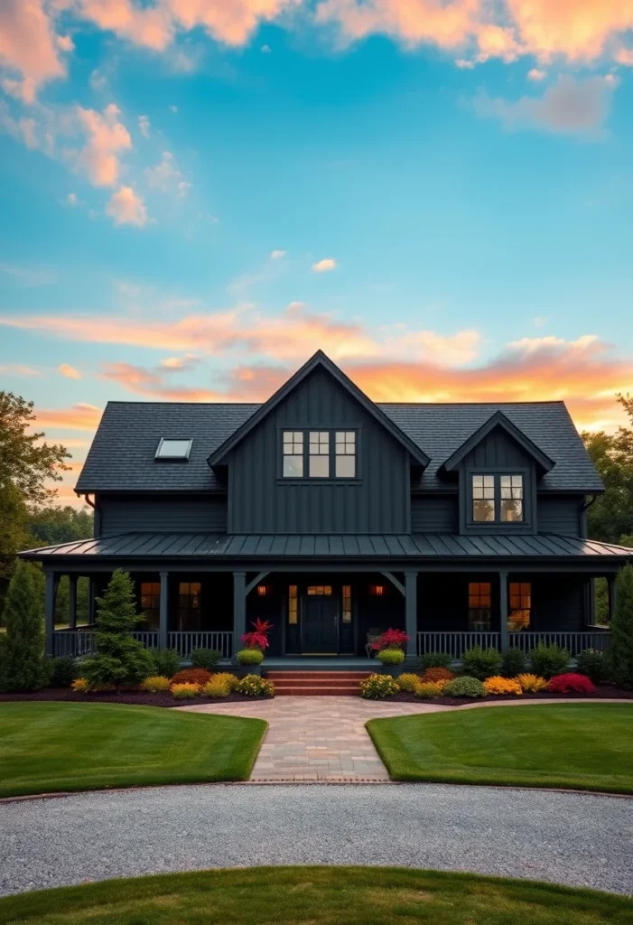 Black farmhouse with wraparound porch, sunset glow, and lush landscaping.