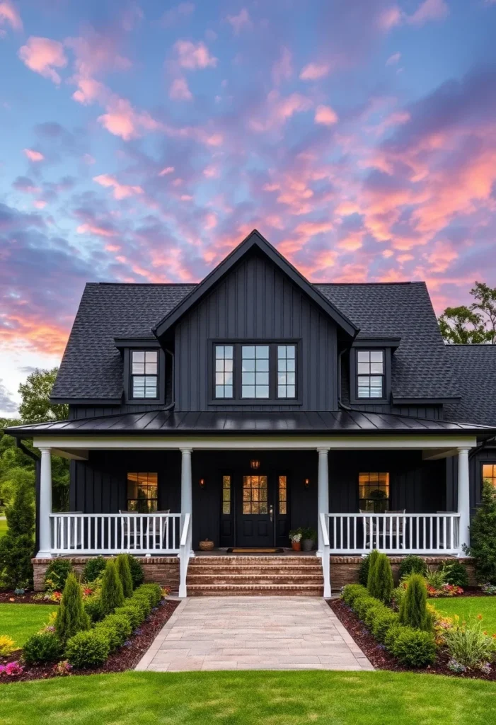 Black farmhouse with white railings, wraparound porch, and elegant landscaping.