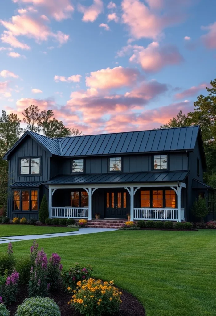 Black farmhouse with a metal roof, white porch railings, and lush landscaping.