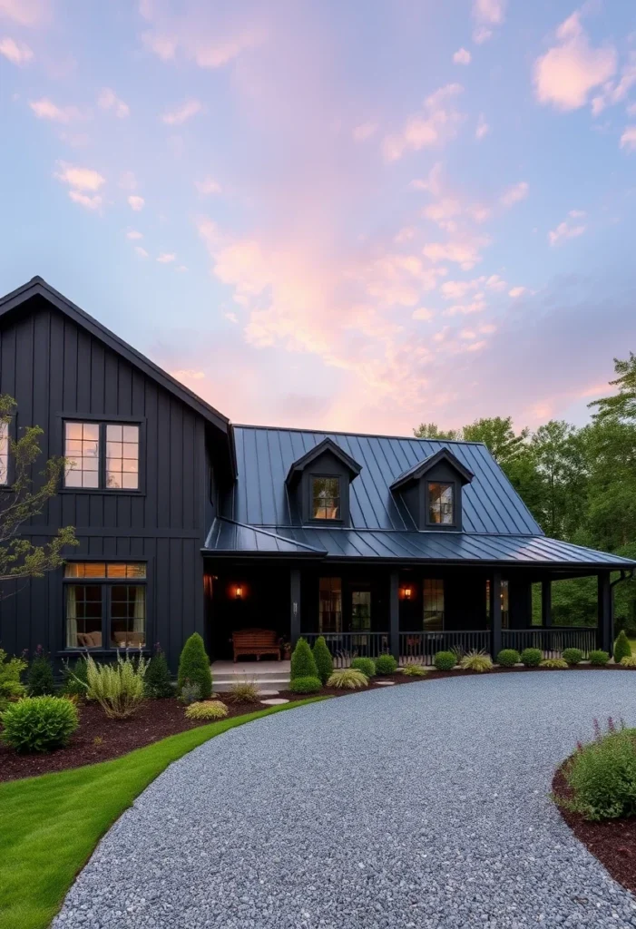 Black farmhouse with a metal roof, dormer windows, and a wraparound porch.